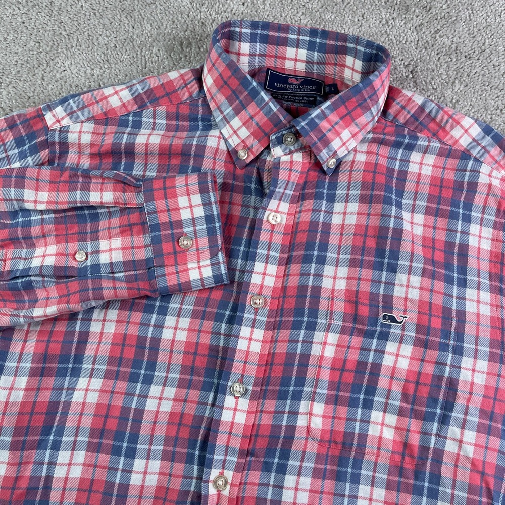 Vineyard Vines Shirt Mens Large Pink Plaid Slim Fit Tucker Cotton Linen Preppy